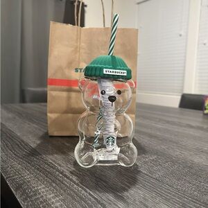 Starbucks Bear Glass with Green Lid and Straw